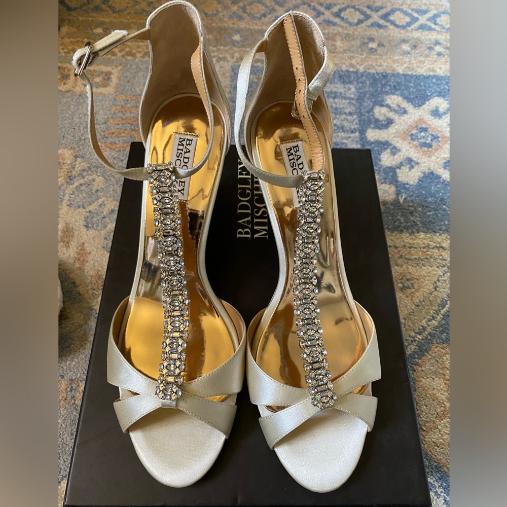 Badgley Mischka Romance Ivory Satin Wedge T-Strap Heels